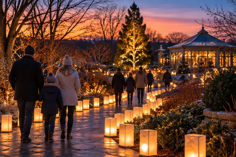 AI-generated imagined scene inspired by Overland Park Arboretum — Luminary Walk; not a photograph of the venue, event or production.