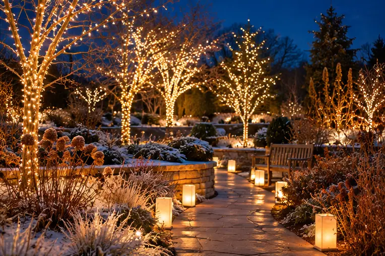 AI-generated imagined scene inspired by Overland Park Arboretum — Luminary Walk; not a photograph of the venue, event or production.