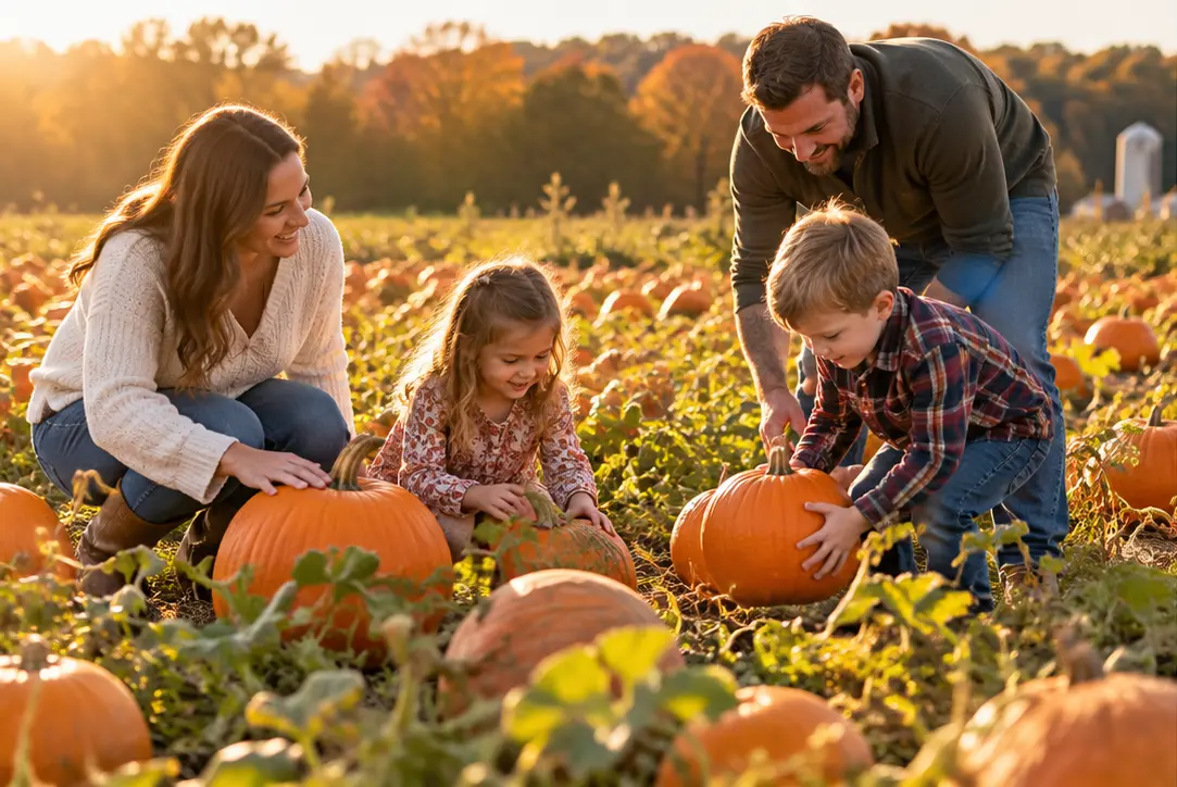 Family enjoying an outing like Carolyn’s Pumpkin Patch — editorial illustration