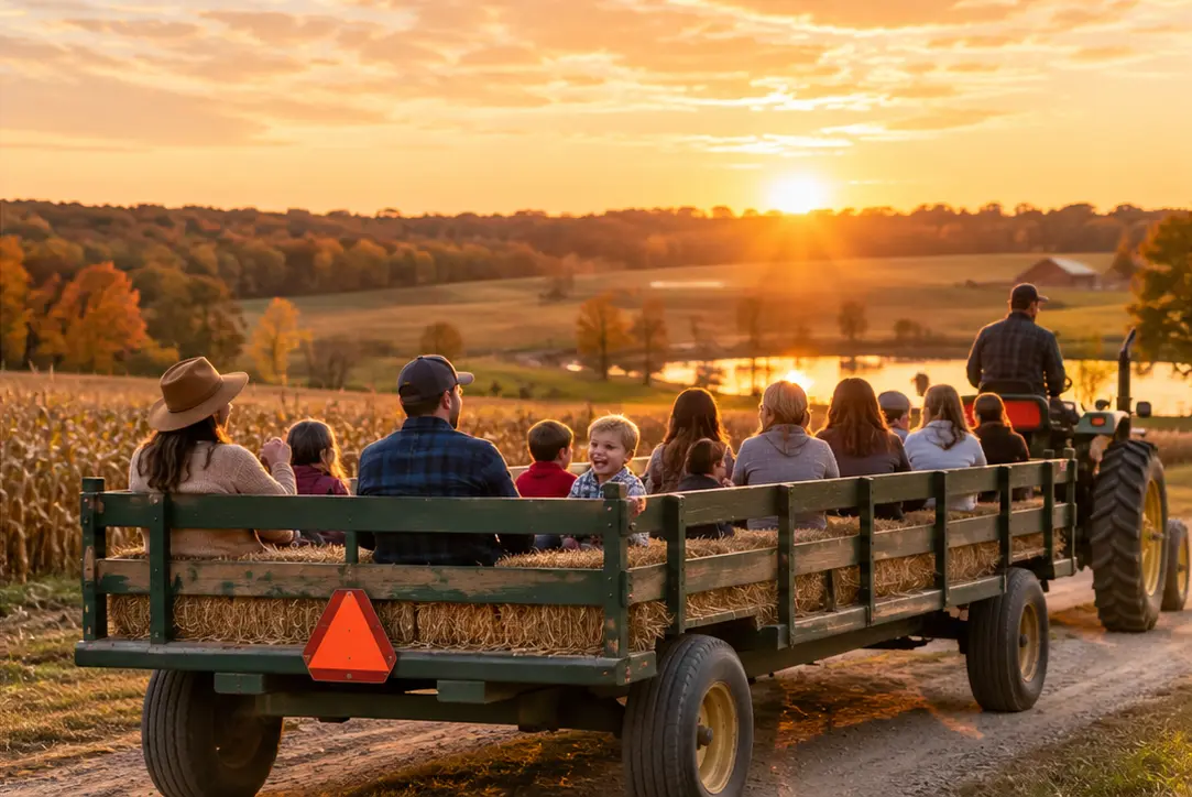 AI-generated editorial illustration: Family wagon ride through an imagined autumn farm. Not a photograph of the venue.