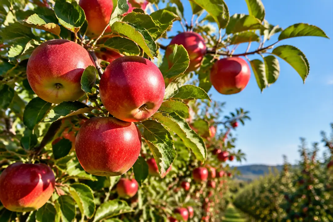 AI-generated editorial illustration: Sunlit apple branches in an imagined fall farm outing. Not a photograph of the venue.