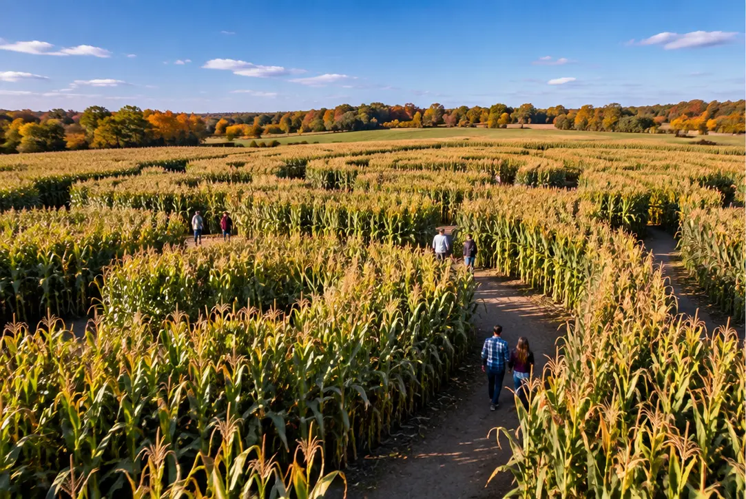 AI-generated editorial illustration: Wide view of an imagined corn maze in autumn. Not a photograph of the venue.