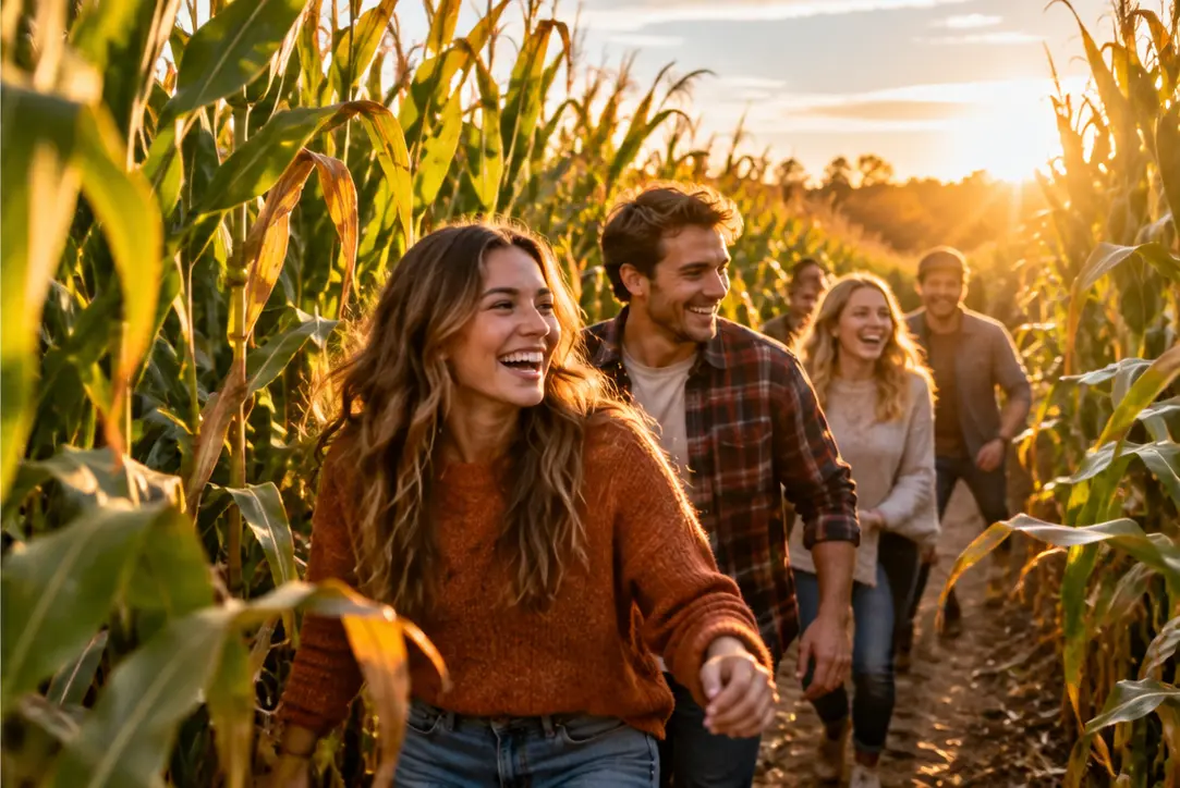 AI-generated editorial illustration: Friends in an imagined corn corridor at golden hour. Not a photograph of the venue.