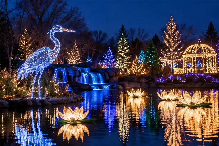 AI-generated imagined scene inspired by Powell Gardens — Festival of Lights; not a photograph of the venue, event or production.
