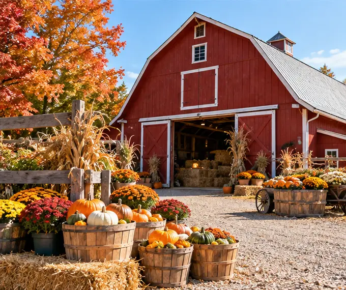 AI-generated imagined scene inspired by Weston Red Barn Farm — Fall Weekends; not a photograph of the venue, event or production.