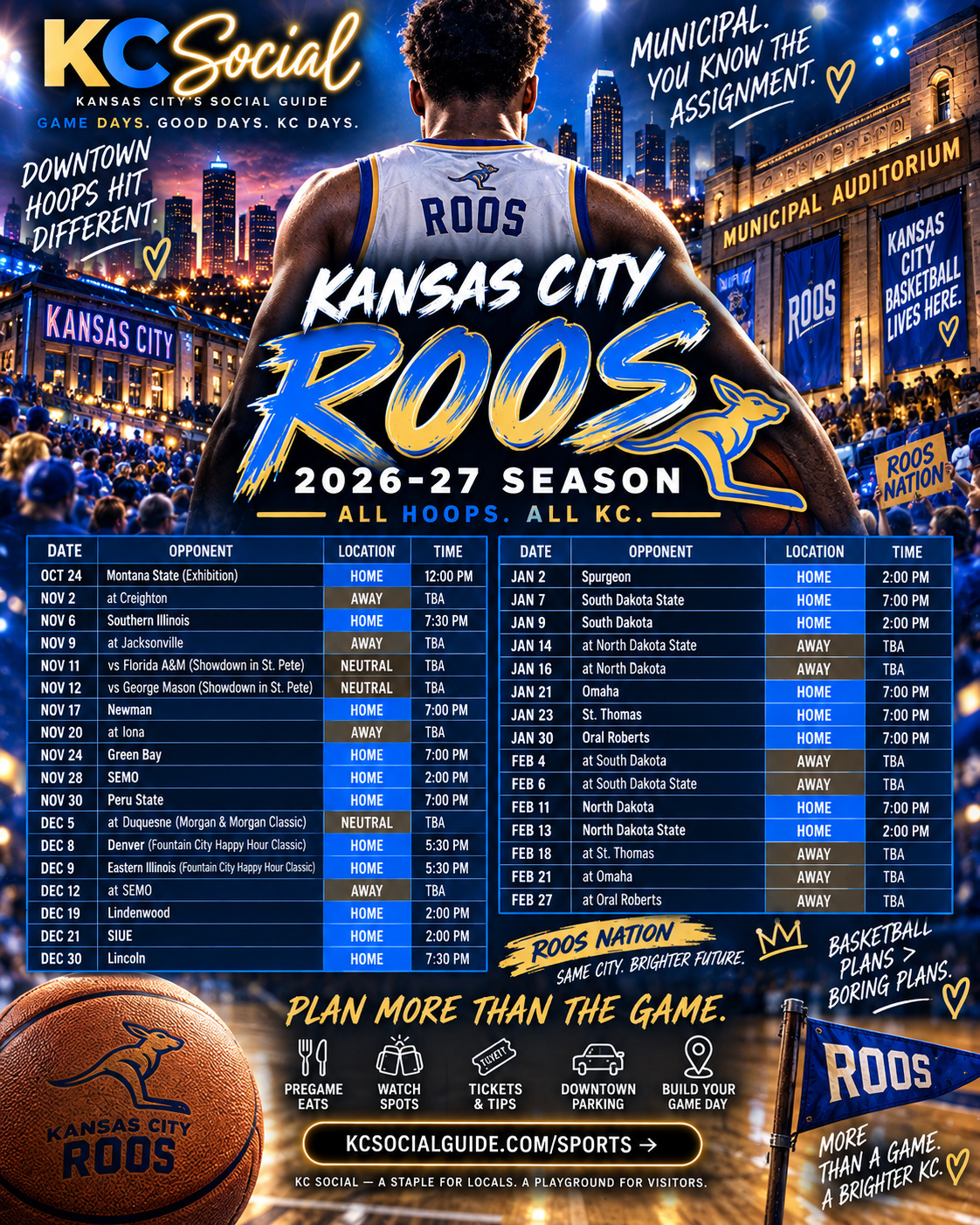 Roos Men’s Basketball 2026–27 schedule poster